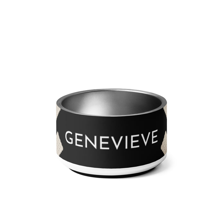 Black biscuit personalized dog bowl 18 oz with the name Genevieve in white capitals