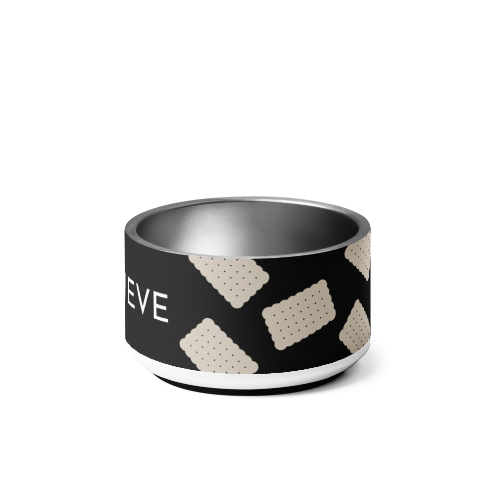 Side view of the black biscuit personalized dog bowl showing the scalloped cookie pattern