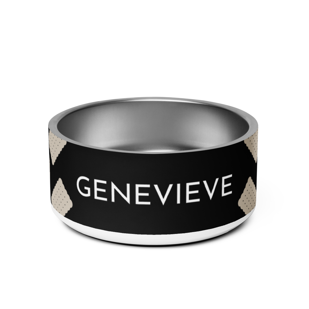 Black biscuit personalized dog bowl 32 oz with the name Genevieve in white capitals