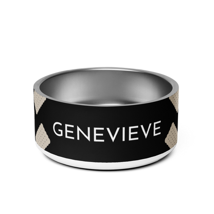 Black biscuit personalized dog bowl 32 oz with the name Genevieve in white capitals