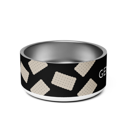 Side view of the large black biscuit personalized dog bowl showing the scalloped cookie pattern
