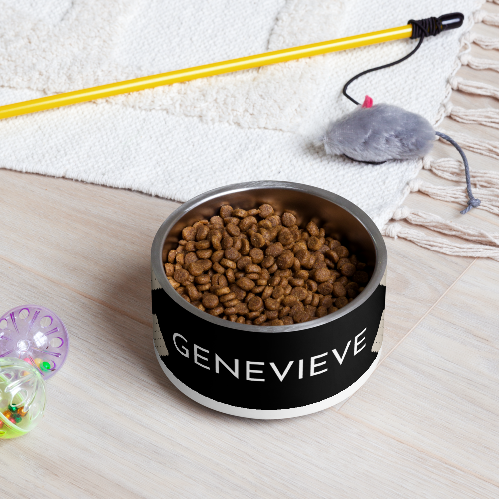Black biscuit personalized dog bowl filled with kibble on a rug next to a pet toy