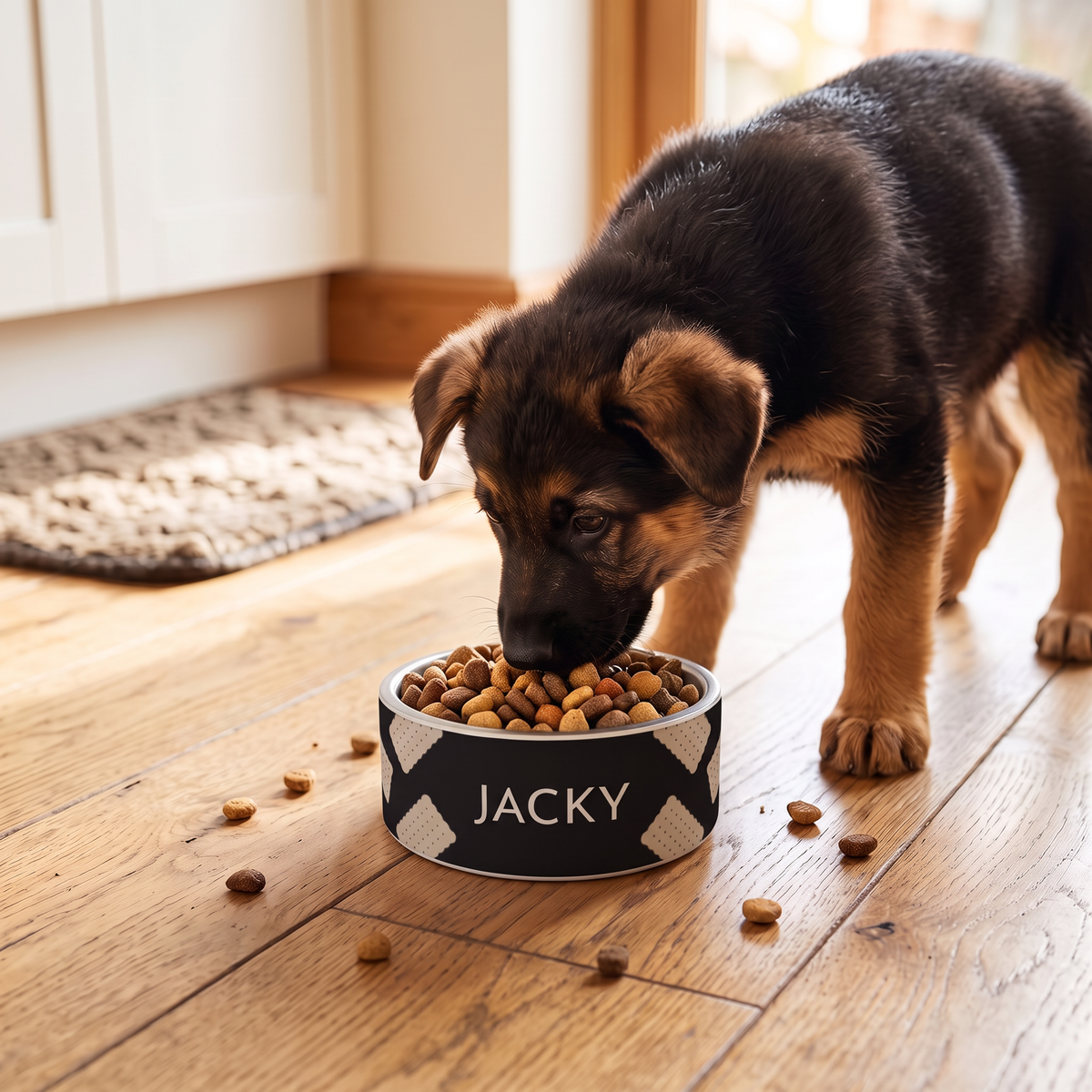 Puppy eating from a black biscuit personalized dog bowl with the name Jacky on a wooden floor