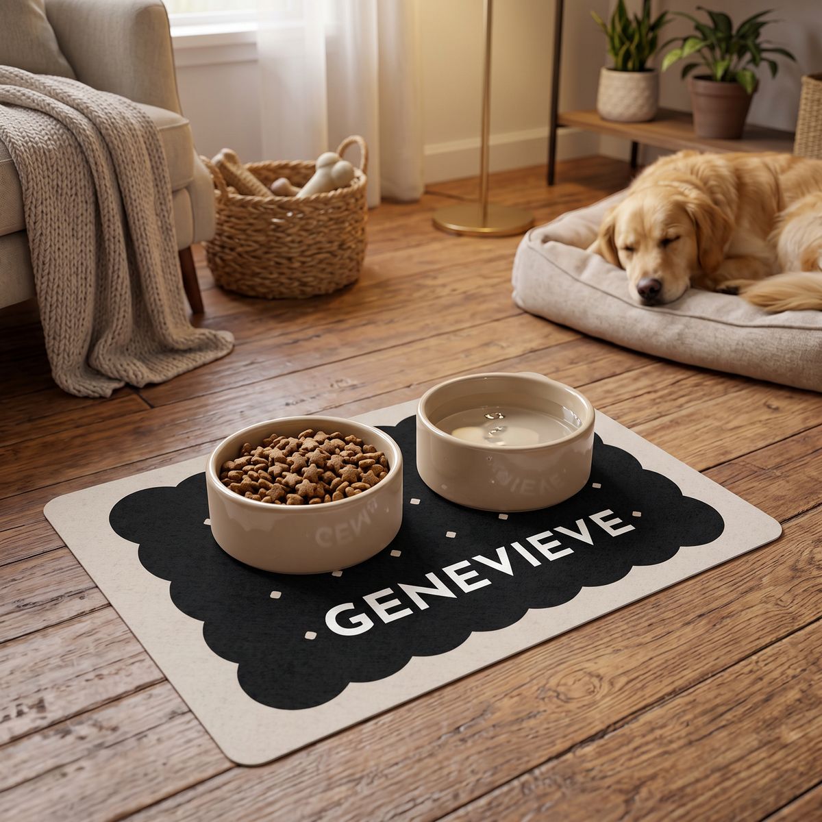 Black biscuit personalized dog food mat with two bowls in a cozy living room with a golden retriever