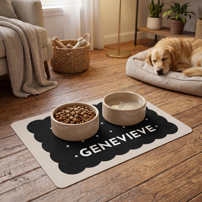 Black biscuit personalized dog food mat with two bowls in a cozy living room with a golden retriever