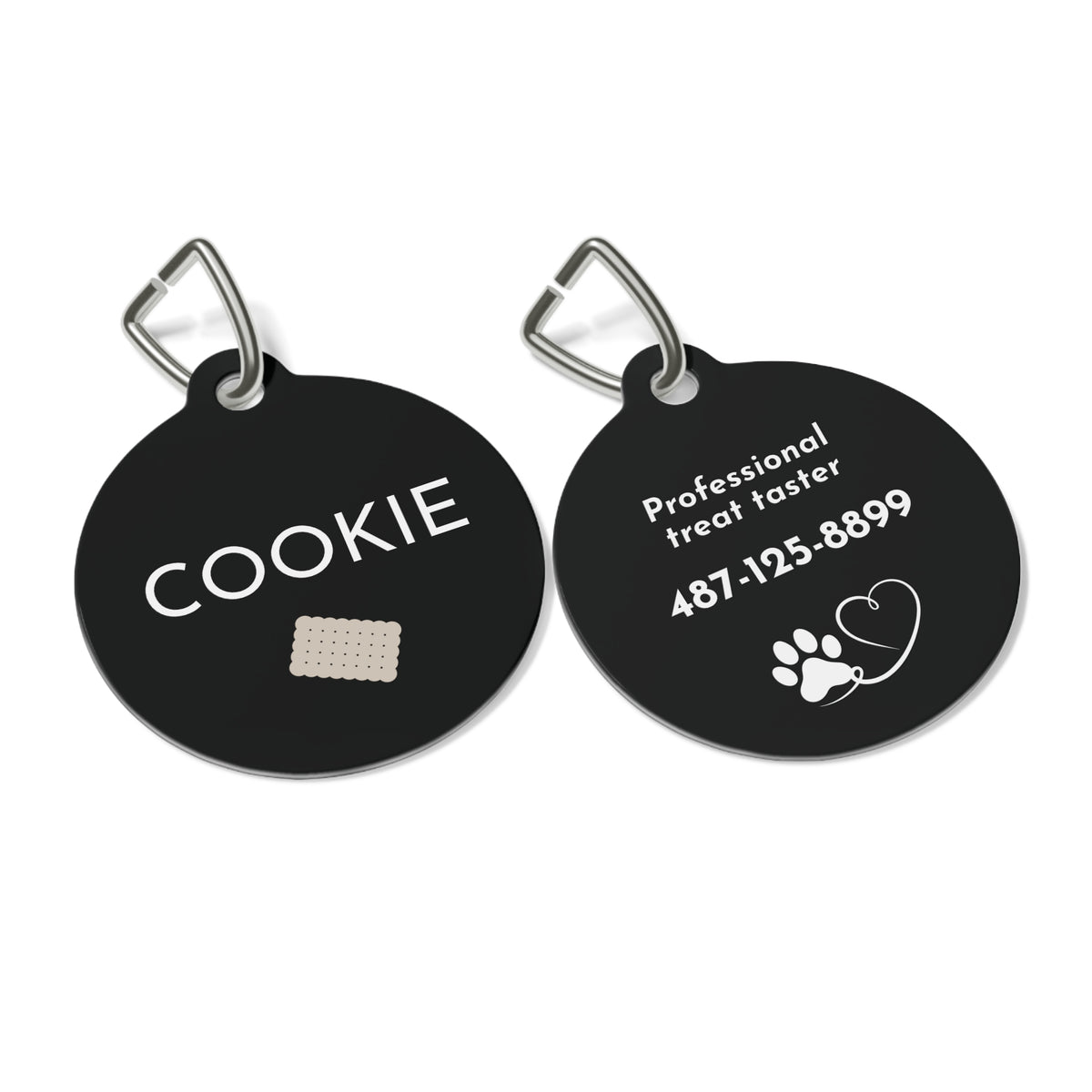 Front and back of black biscuit personalized dog tag with name, biscuit, funny saying and phone number