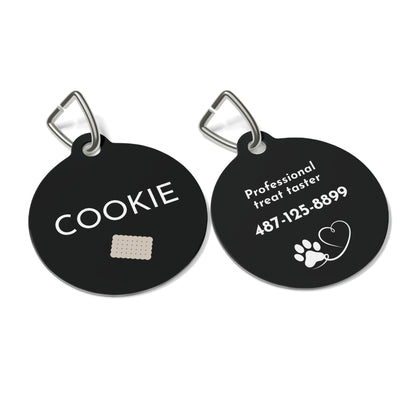 Front and back of black biscuit personalized dog tag with name, biscuit, funny saying and phone number