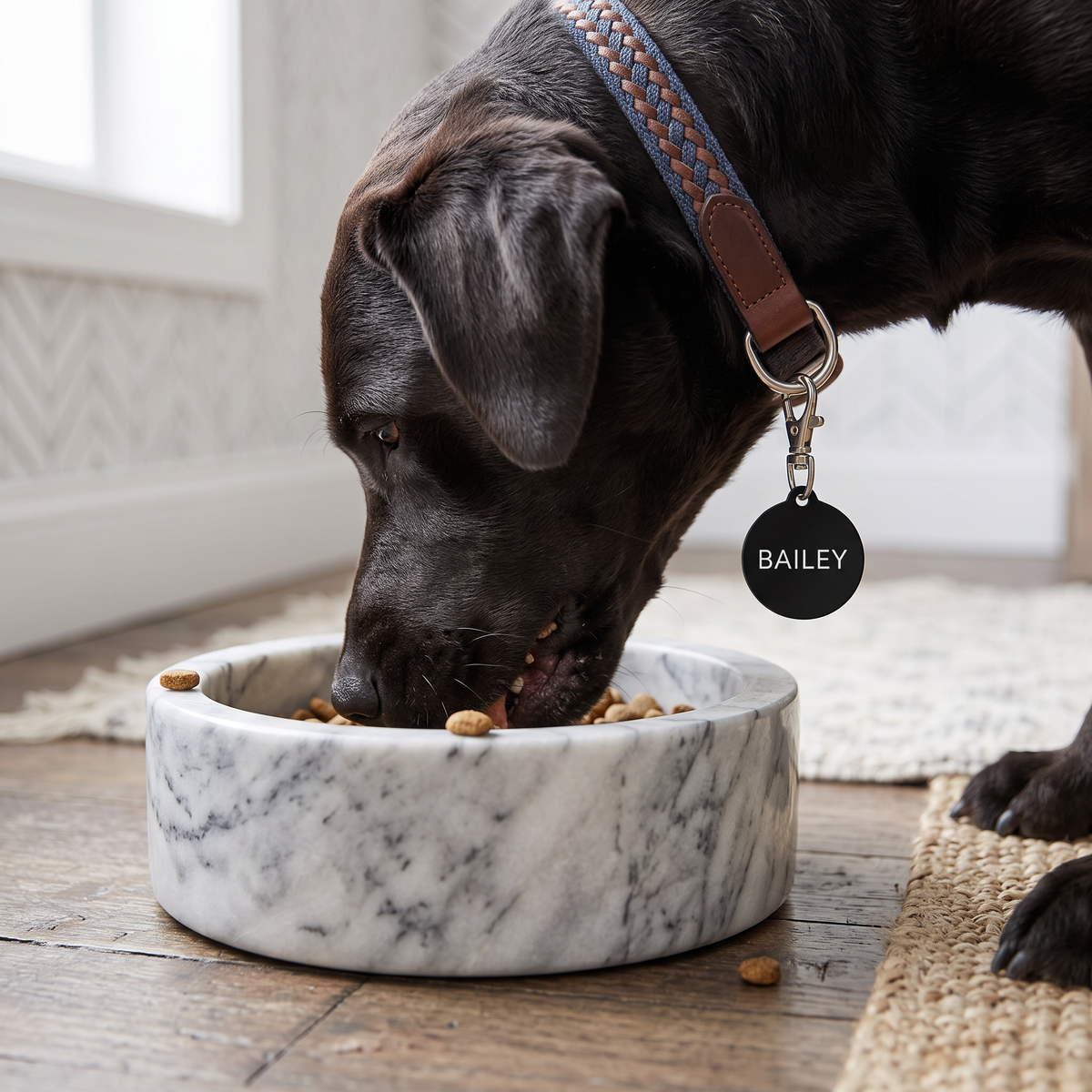 Black dog eating from a marble bowl while wearing a black modern personalized dog tag
