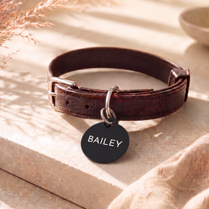 Black modern personalized dog tag on a brown leather collar on linen