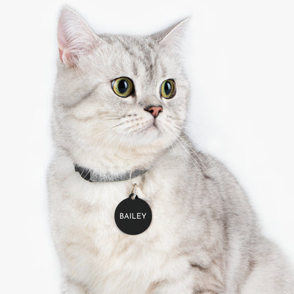 Cat wearing a black modern personalized pet ID tag