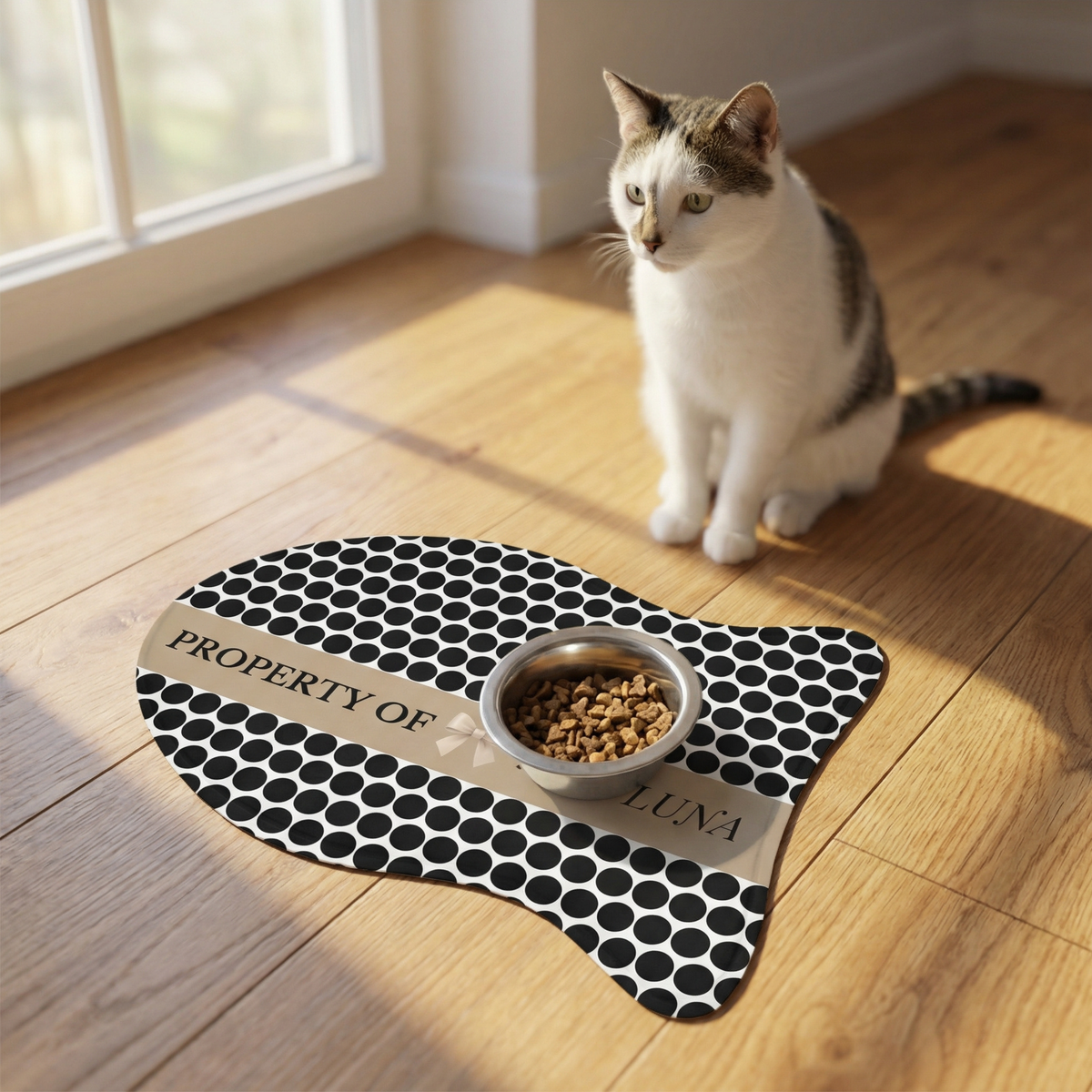 Cat sitting next to a black polka dot fish-shaped personalized feeding mat with a food bowl in a sunlit room