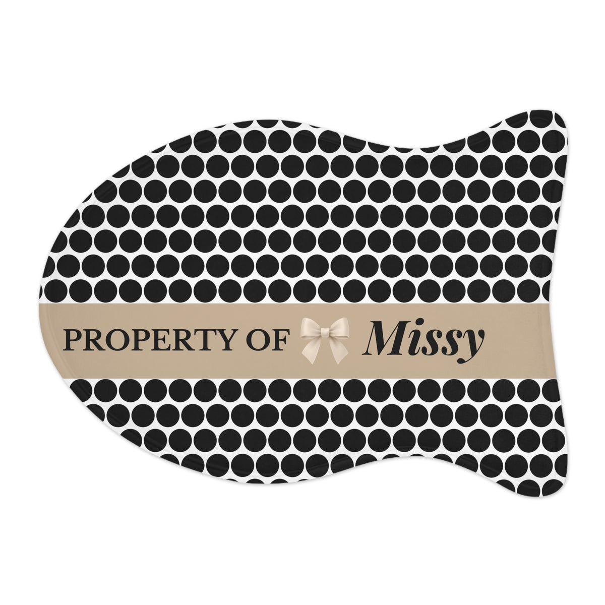 Black polka dot fish-shaped personalized cat feeding mat with a Property of Missy name band