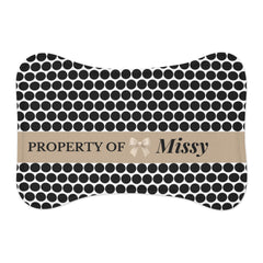 Black Polka Dot Personalized Dog Bowl Mat – Bone Shaped Pet Feeding Mat