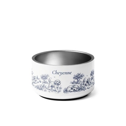 Blue dog toile personalized stainless steel dog bowl 18 oz with the name Cheyenne in script
