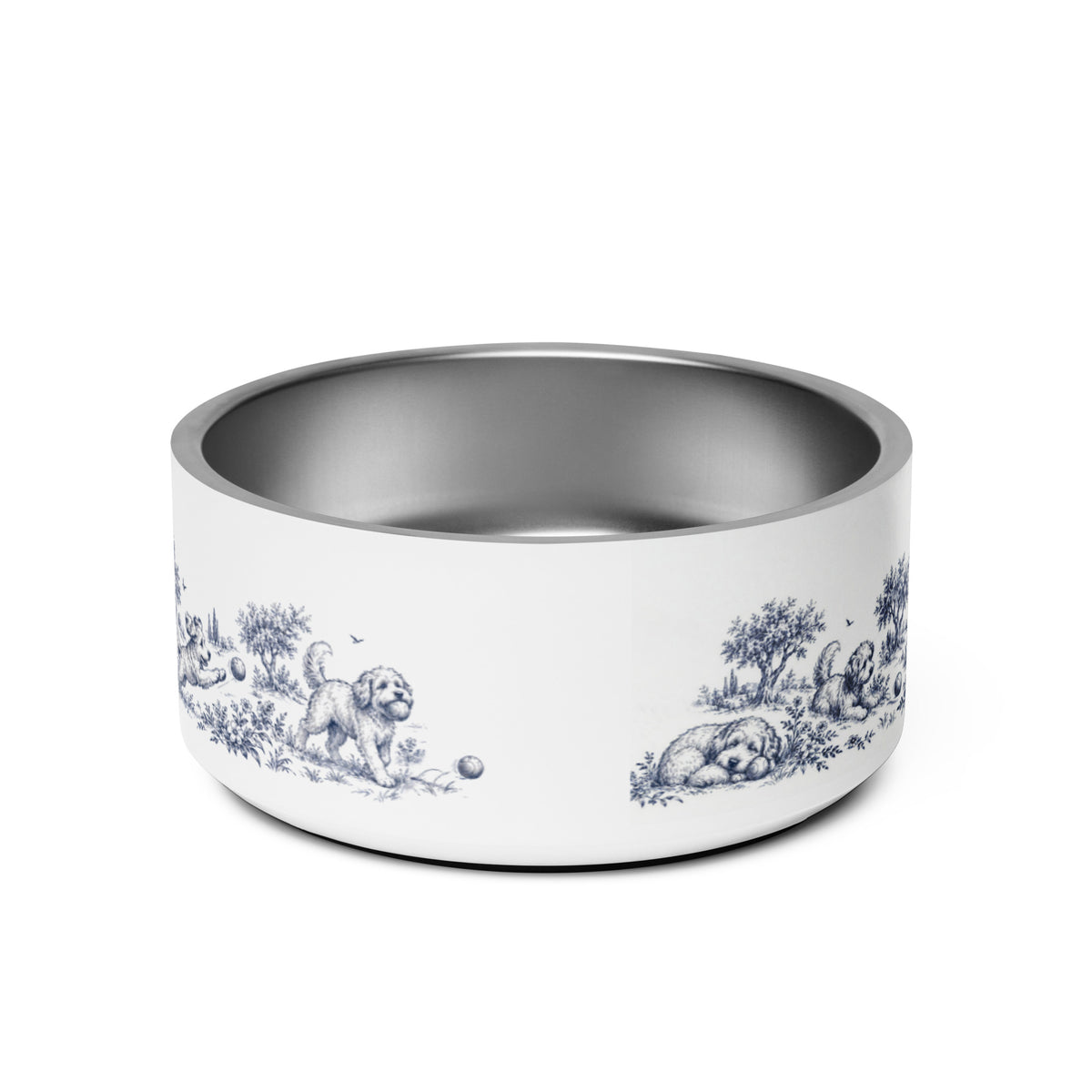 Back of the blue dog toile personalized dog bowl 32 oz with a toile print of dogs and trees