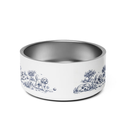 Back of the blue dog toile personalized dog bowl 32 oz with a toile print of dogs and trees