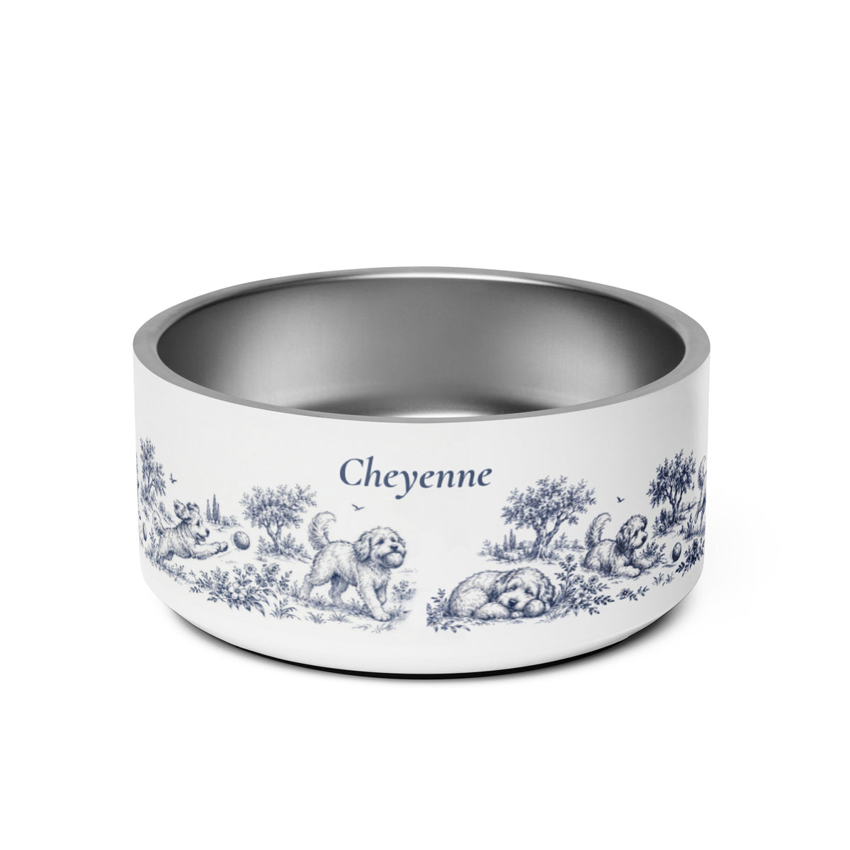 Blue dog toile personalized stainless steel dog bowl 32 oz with the name Cheyenne in script