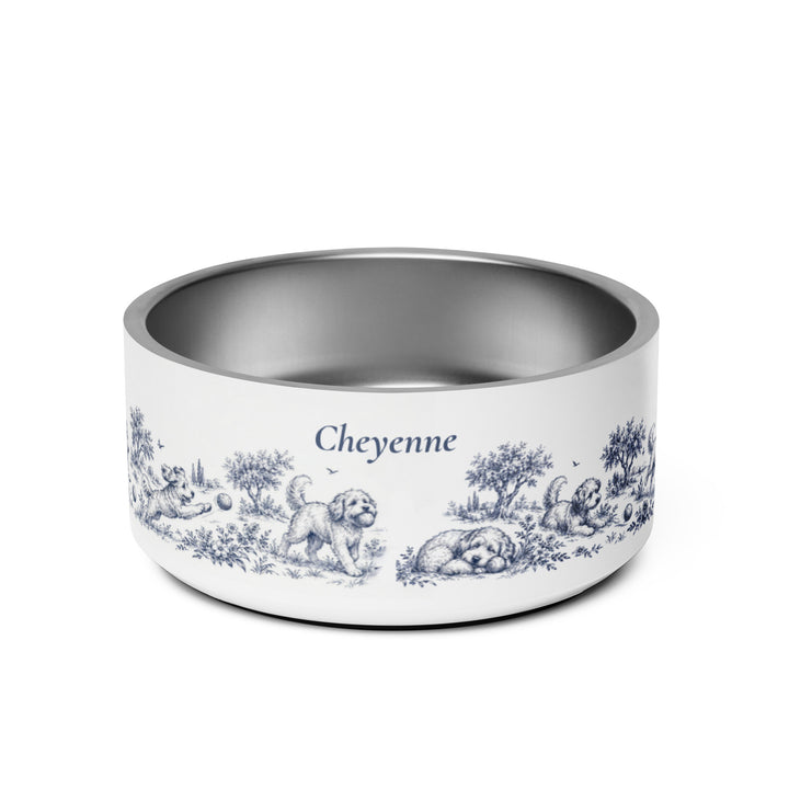 Blue dog toile personalized stainless steel dog bowl 32 oz with the name Cheyenne in script
