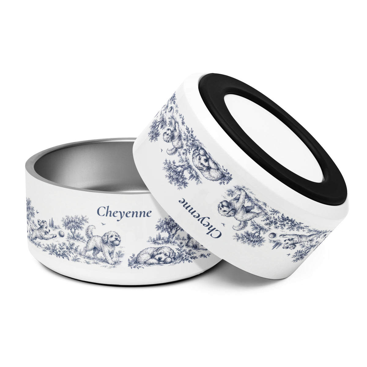 Two large blue dog toile personalized dog bowls with the name Cheyenne, one tilted to show the rim
