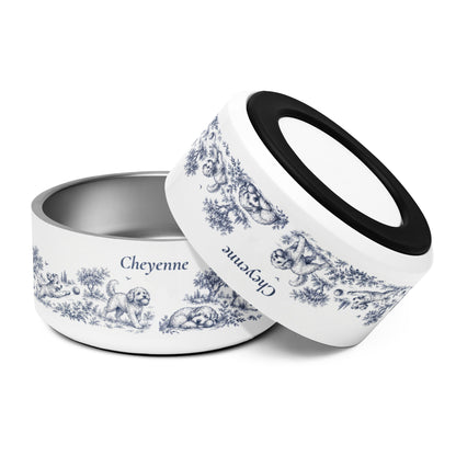 Two large blue dog toile personalized dog bowls with the name Cheyenne, one tilted to show the rim