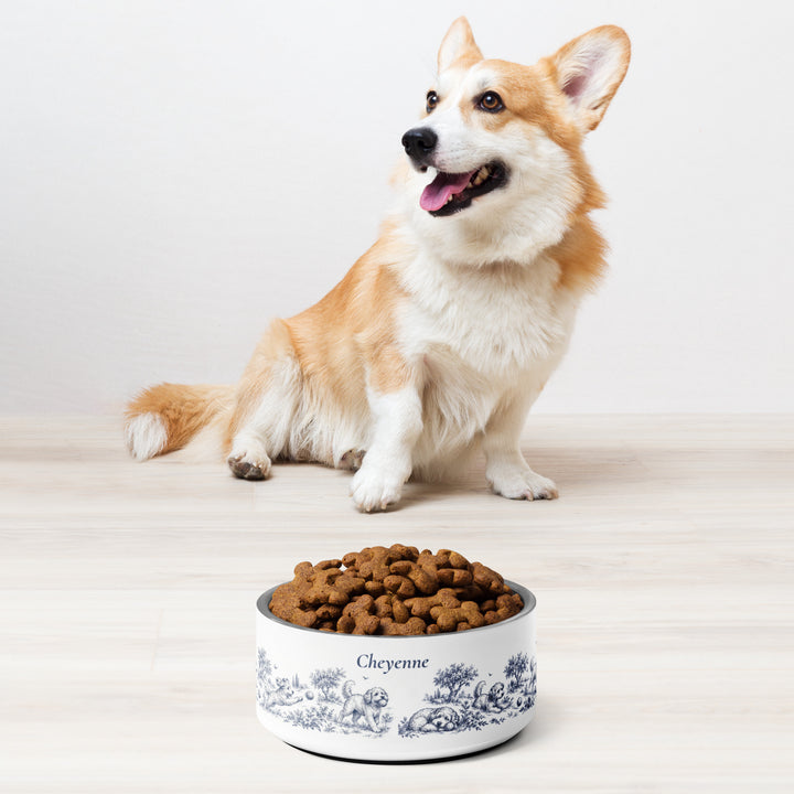Corgi sitting next to a blue dog toile personalized stainless steel dog bowl filled with kibble