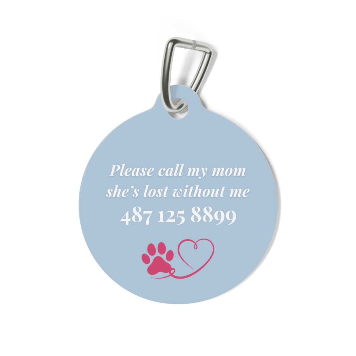 Back of the blue pet ID tag with printed contact details, a paw print and a heart