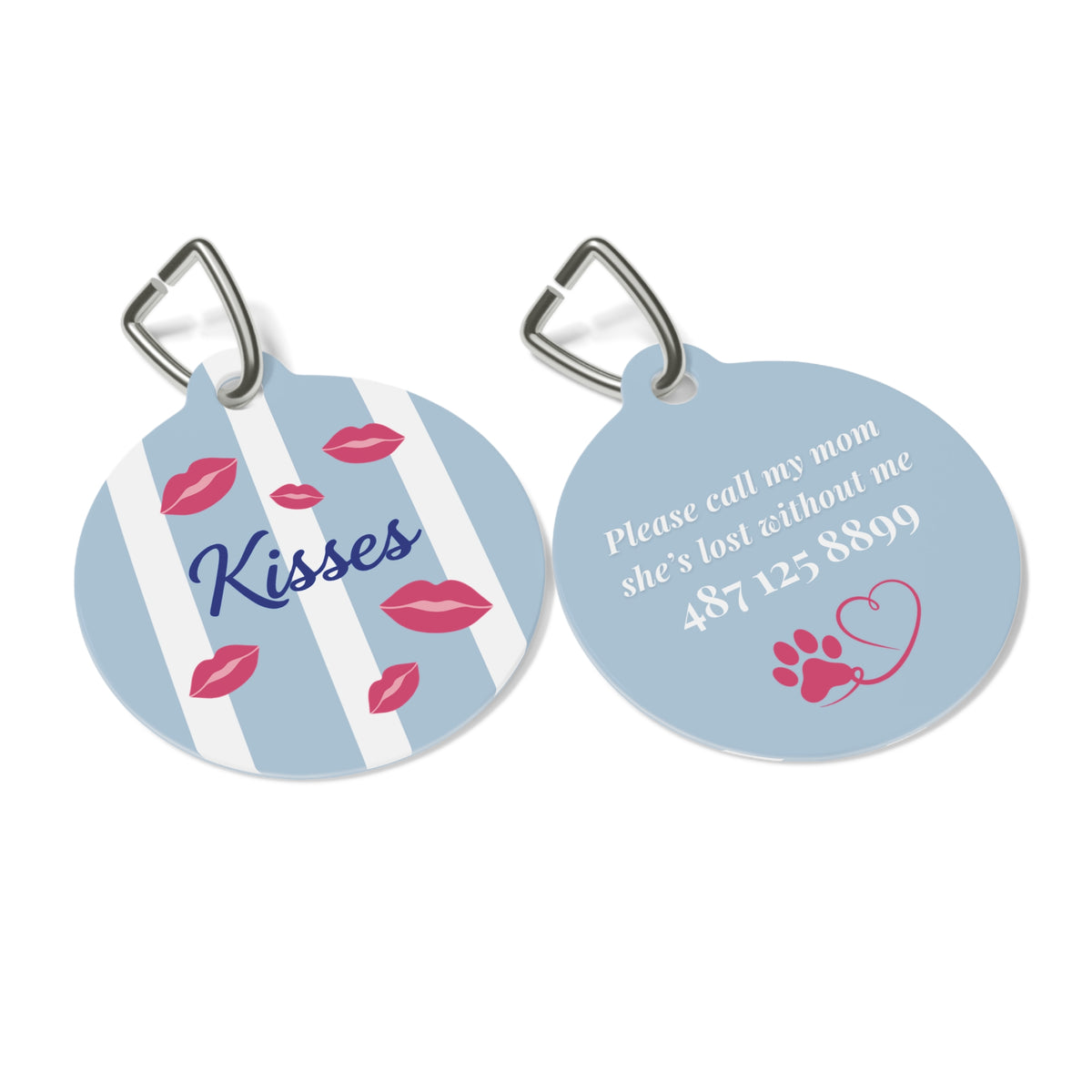 Front and back of the blue stripe kiss dog tag side by side