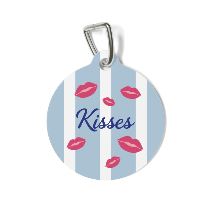Blue and white striped personalized pet tag with a name in navy script and red kiss marks