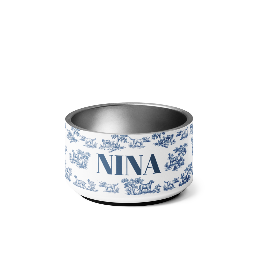 18 oz blue toile personalized dog bowl with the name Nina in navy serif lettering
