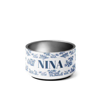 18 oz blue toile personalized dog bowl with the name Nina in navy serif lettering