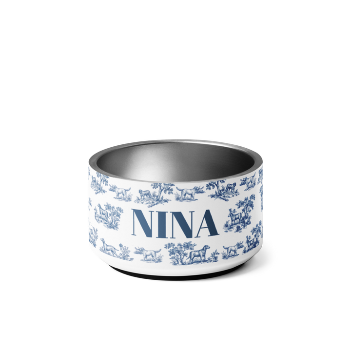 18 oz blue toile personalized dog bowl with the name Nina in navy serif lettering