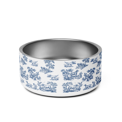Back of a 32 oz blue toile personalized dog bowl showing the all-over navy toile de Jouy print with hounds and trees