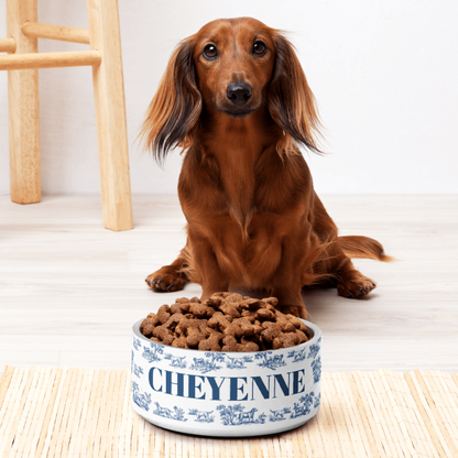 Long-haired dachshund sitting behind a blue toile personalized dog bowl with the name Cheyenne filled with kibble