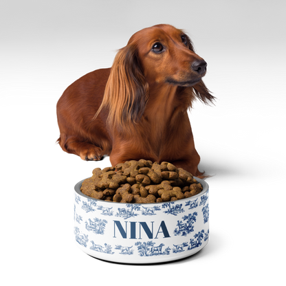 Long-haired dachshund lying behind a blue toile personalized dog bowl filled with kibble