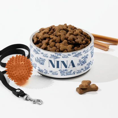 Flat lay of a 32 oz blue toile personalized dog bowl with kibble, a leash, a ball and dog treats