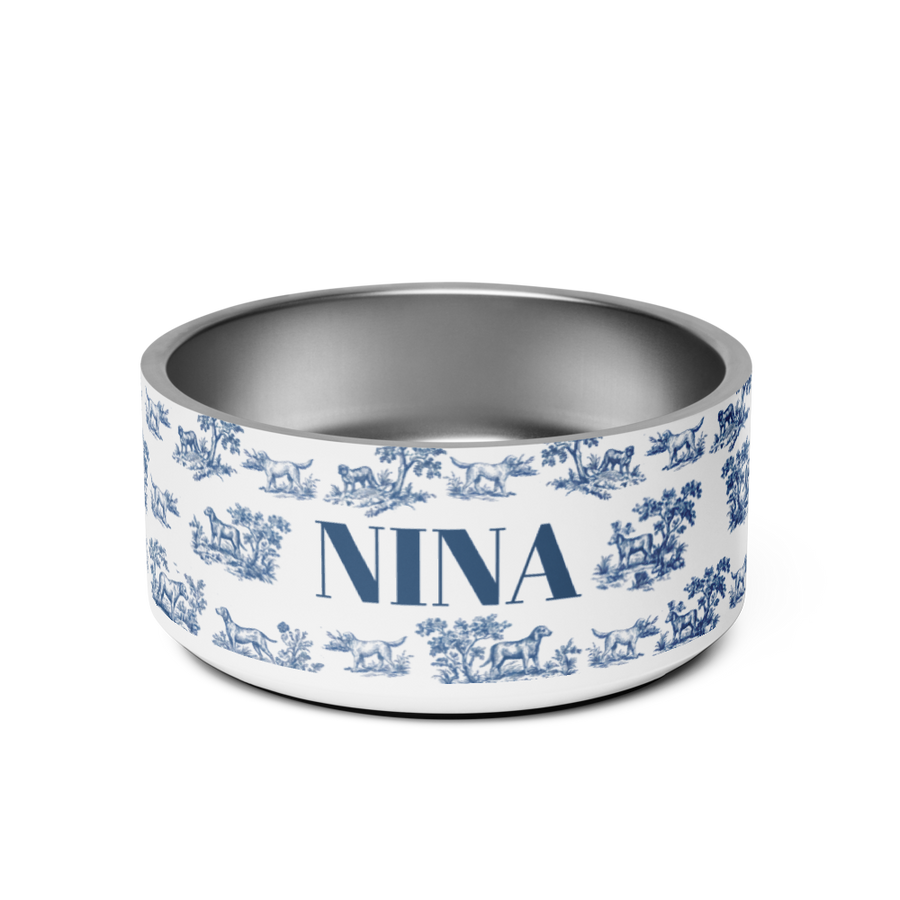 Blue Toile Personalized Dog Bowl – Custom Name Stainless Steel Dog Food & Water Bowl