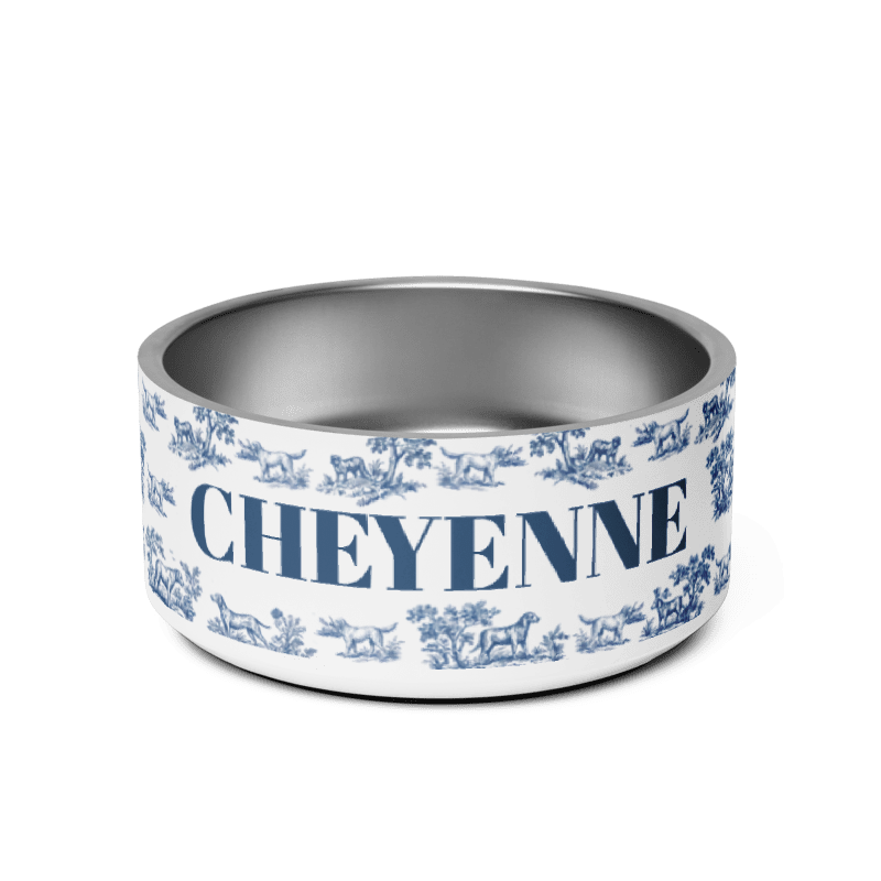 Blue toile personalized dog bowl with the long name Cheyenne in bold navy serif lettering