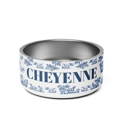 Blue toile personalized dog bowl with the long name Cheyenne in bold navy serif lettering