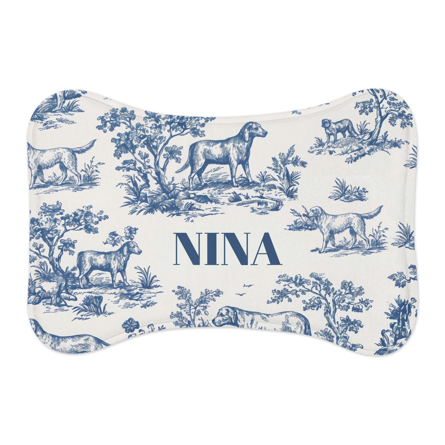 Blue Toile Personalized Dog Bowl Mat – Bone Shaped Pet Feeding Mat