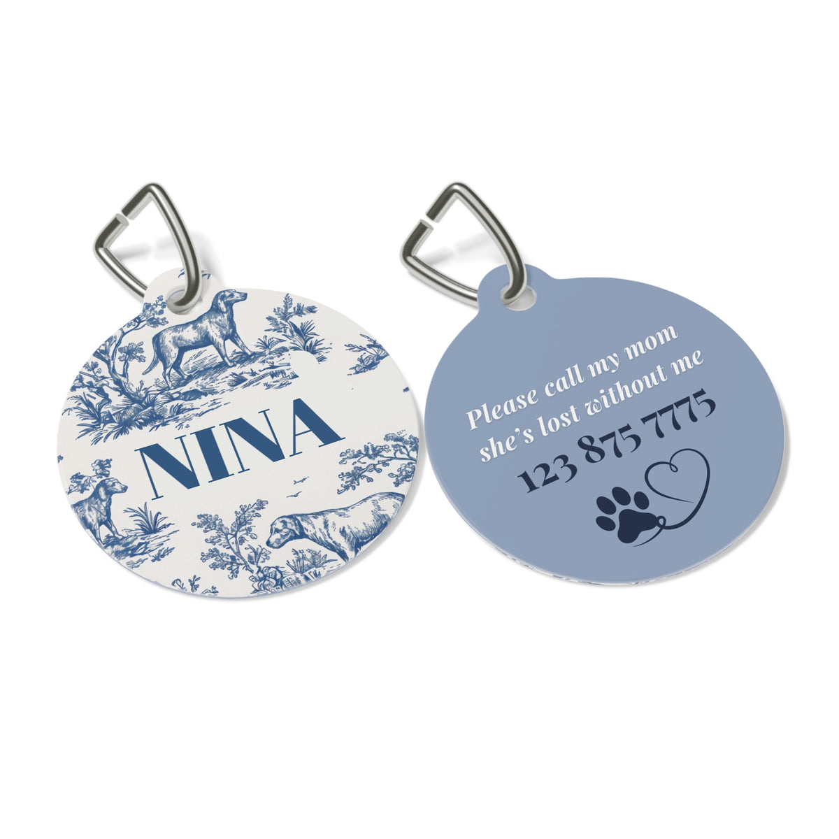 Front and back of the blue toile personalized pet tag side by side