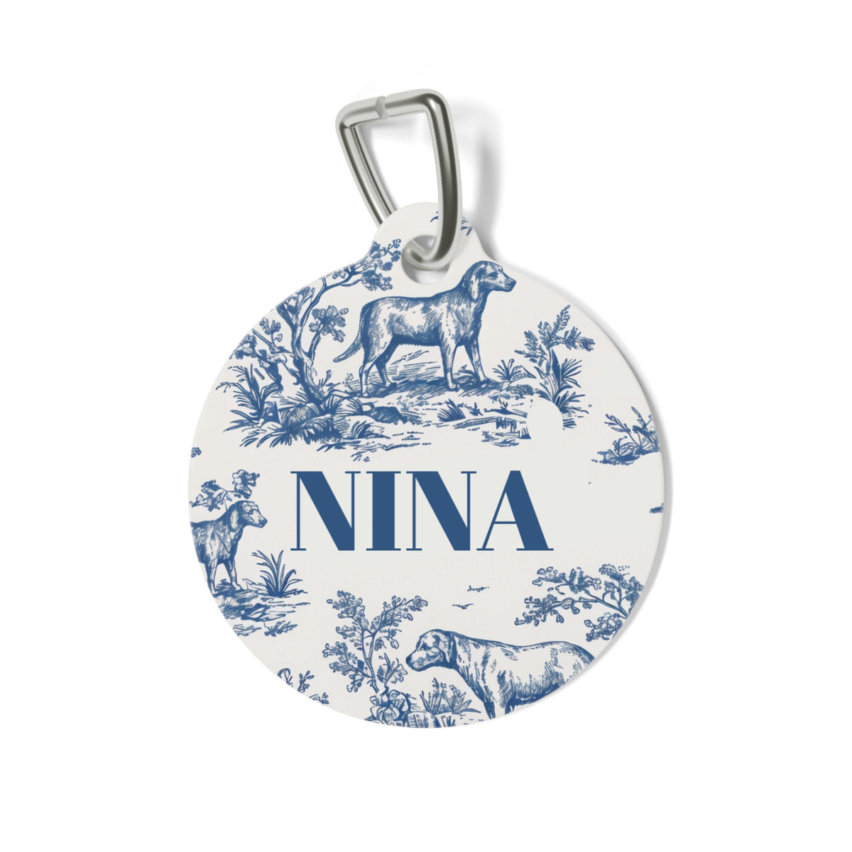 Blue toile personalized pet tag with dogs in a classic toile landscape and the name Nina
