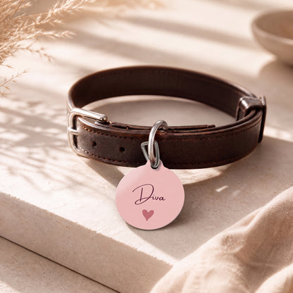Blush heart pet tag on a dark brown leather collar