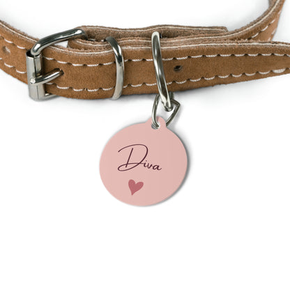 Blush heart pet tag on a tan leather collar