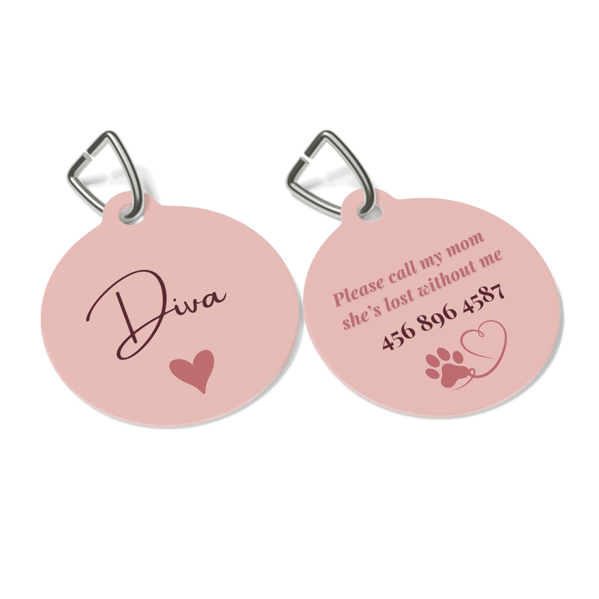 Front and back of the blush heart personalized pet tag with engraved contact details