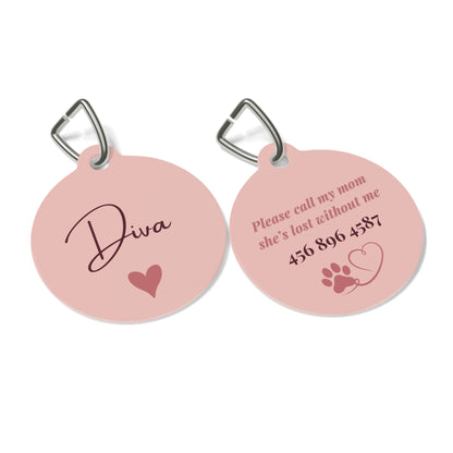 Front and back of the blush heart personalized pet tag with engraved contact details