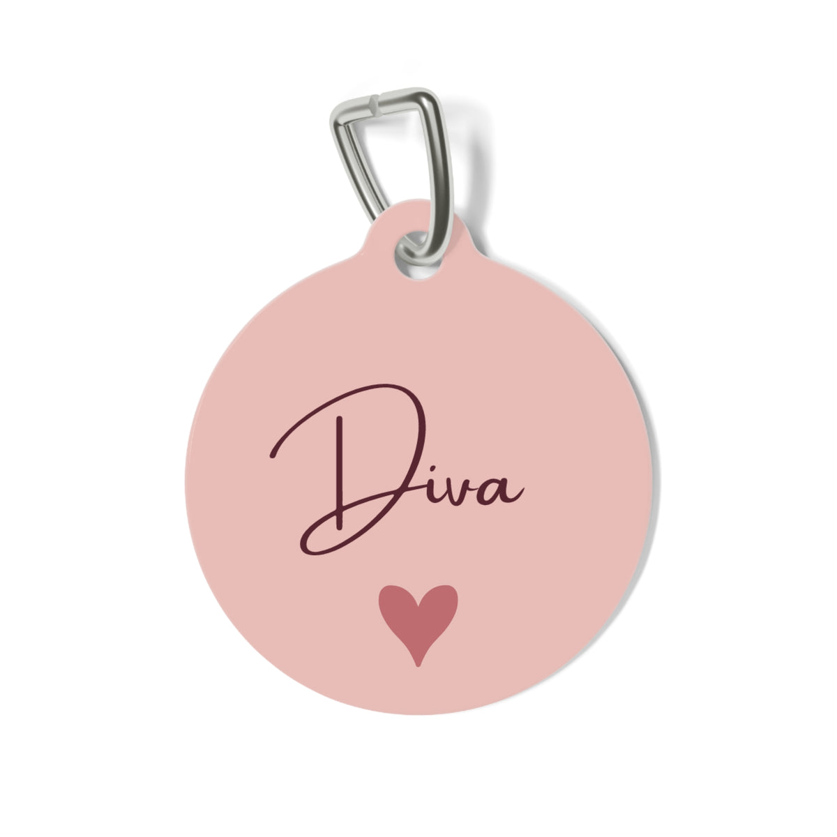 Blush heart personalized pet tag with the name Diva in burgundy script and a small rose-red heart