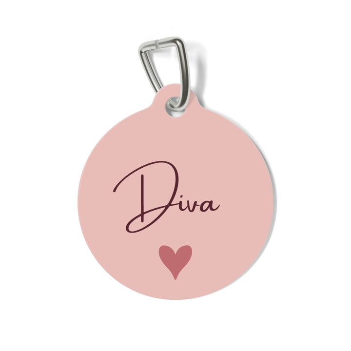 Blush heart personalized pet tag with the name Diva in burgundy script and a small rose-red heart