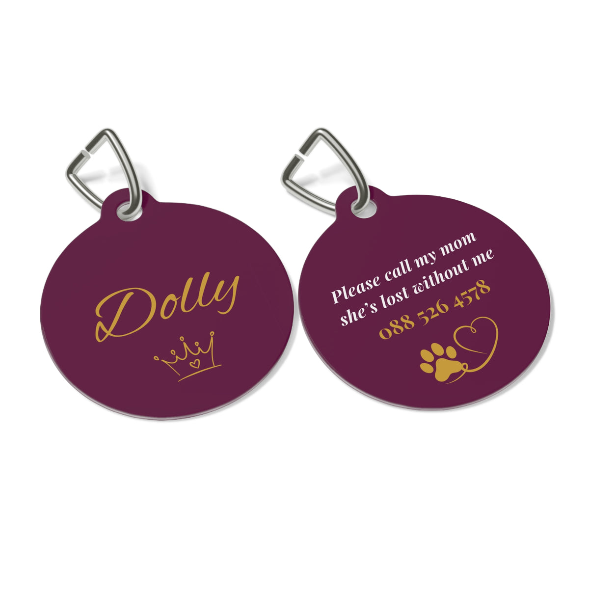 Front and back of the burgundy crown personalized pet tag with engraved contact details