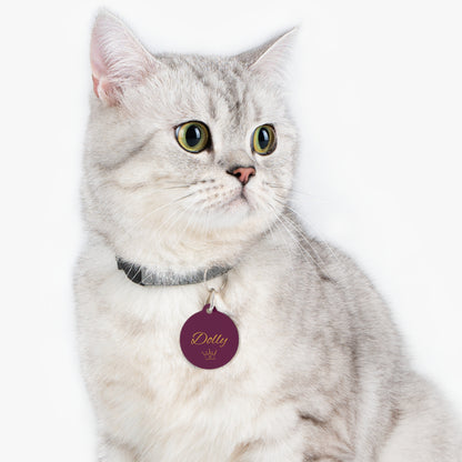 Cat wearing the burgundy crown personalized pet tag
