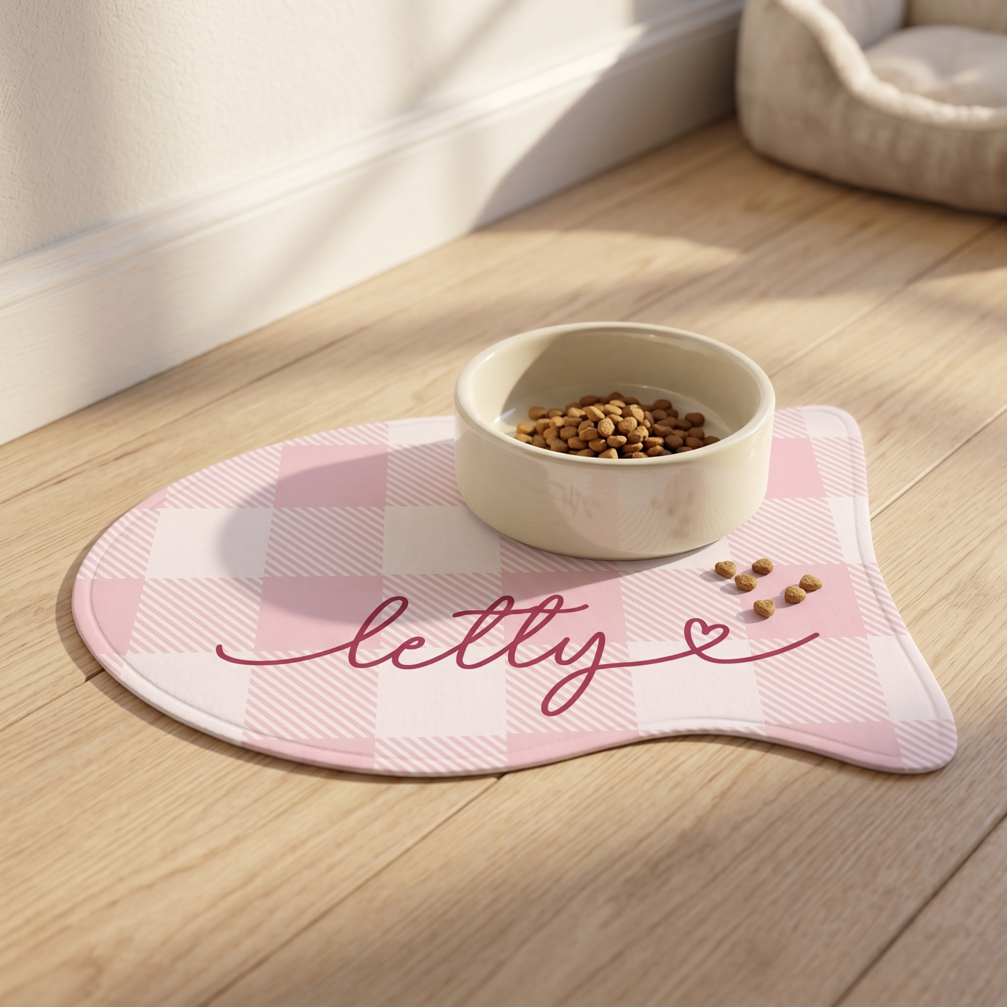 Personalized pink checkered cat food mat - with cat bowl